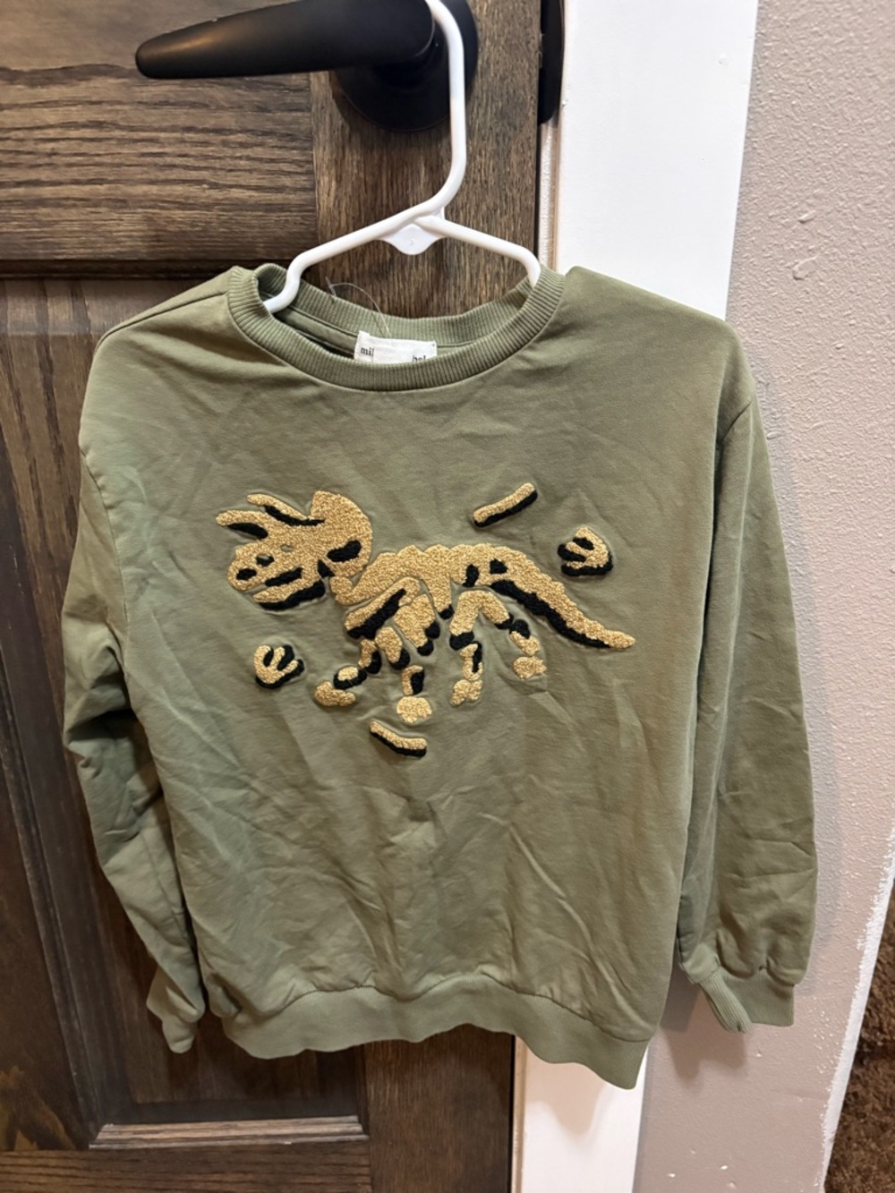 Kids Olive Green Crewneck Sweatshirt with Cream Sherpa Dino Patch